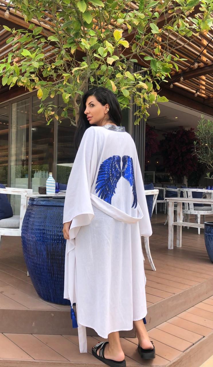 Luxury Hooded White Linen Blue Wings Embroidered kimono