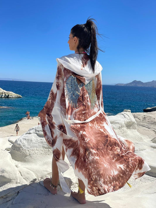 Luxury Tie Dye Golden Wings Embroidered Brown Kimono