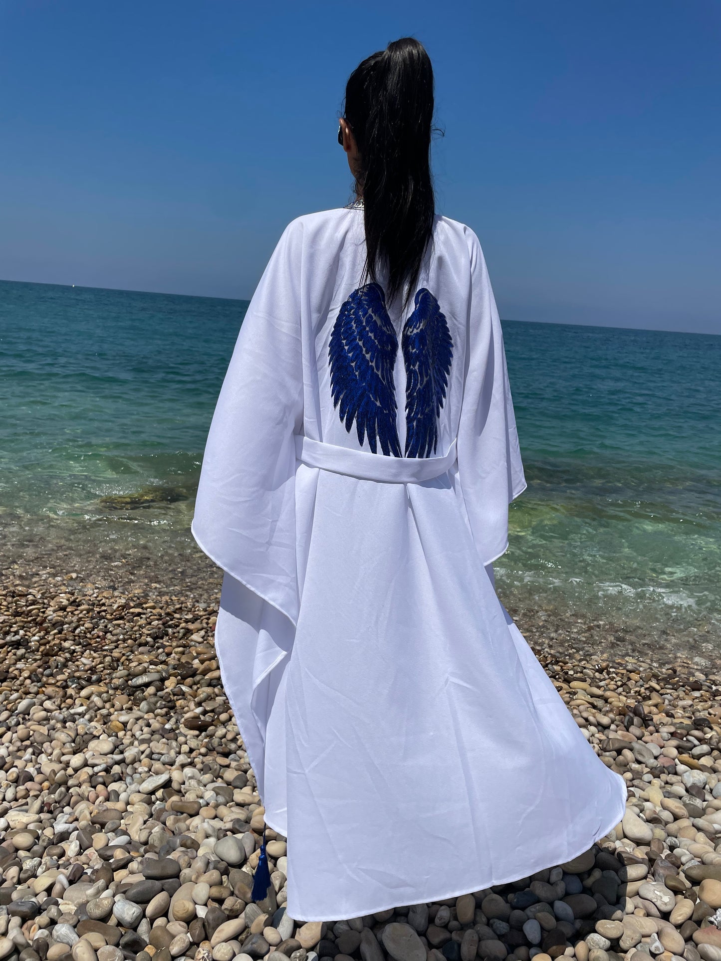 Luxury White Linen Blue Wings Geometric kimono