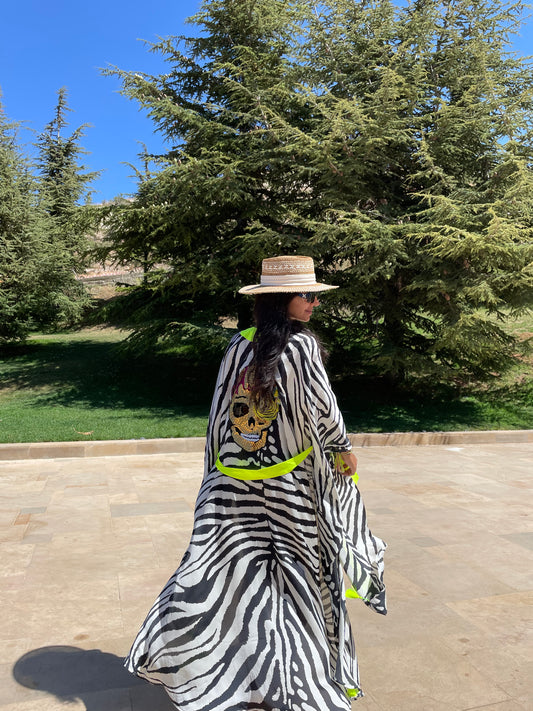 Luxury Silk Skull Embroidered Zebra Kimono