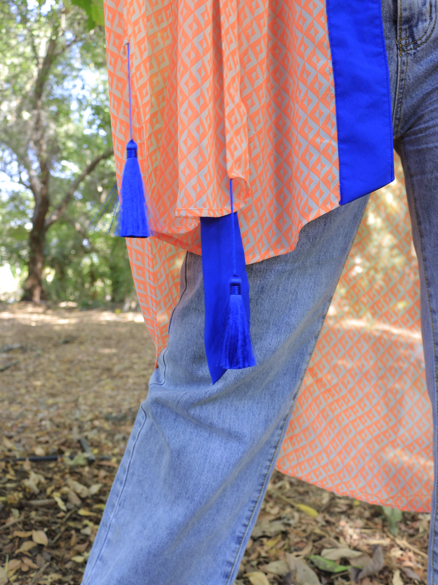 Women's open front colorful chiffon kimono embroidered with silver wings and finished with blue tassels