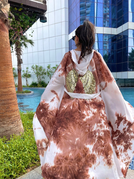 Luxury Tie Dye Golden Wings Embroidered Brown Kimono