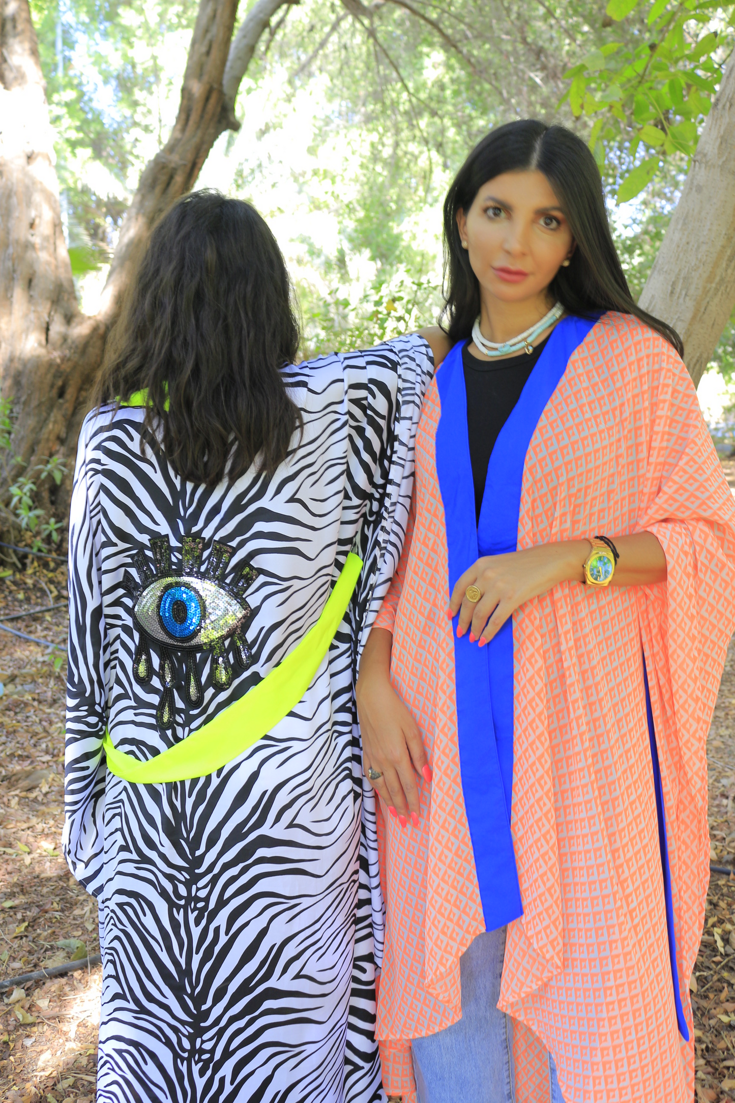 Open front colorful chiffon kimono embroidered with silver wings and finished with blue tassels