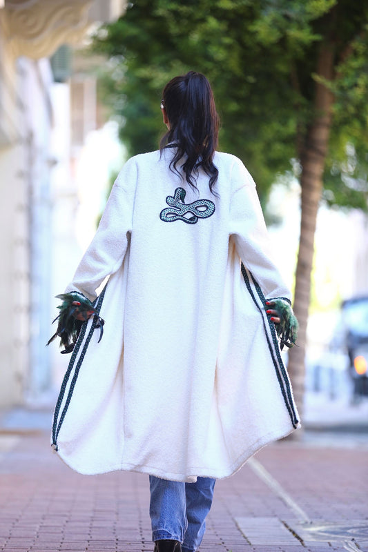 Luxury Bouclé Off-White Embroidered Winter Kimono