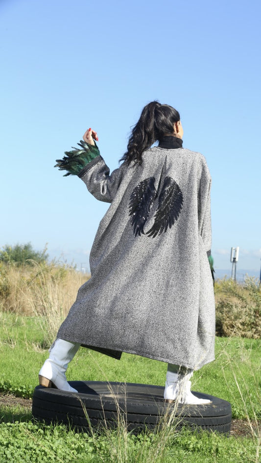 Black and White Tweed Winter Embroidered Kimono