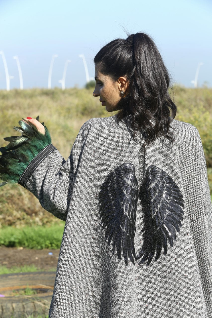 Black and White Tweed Winter Embroidered Kimono