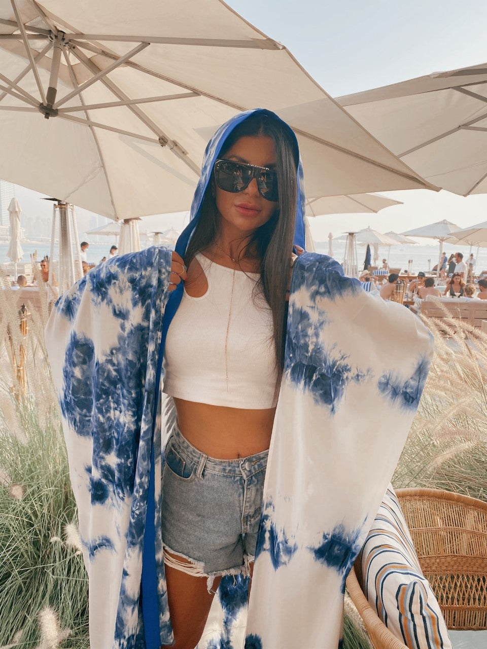 Luxury Tie Dye Silver Wings Coral Blue kimono