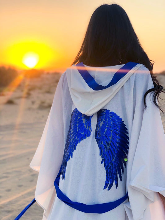 Luxury Hooded White Linen Blue Wings Embroidered kimono