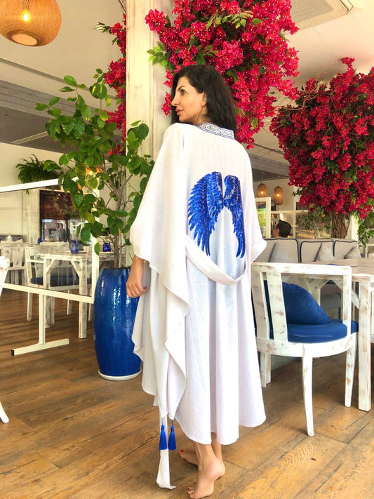 Luxury White Linen Blue Wings Geometric kimono