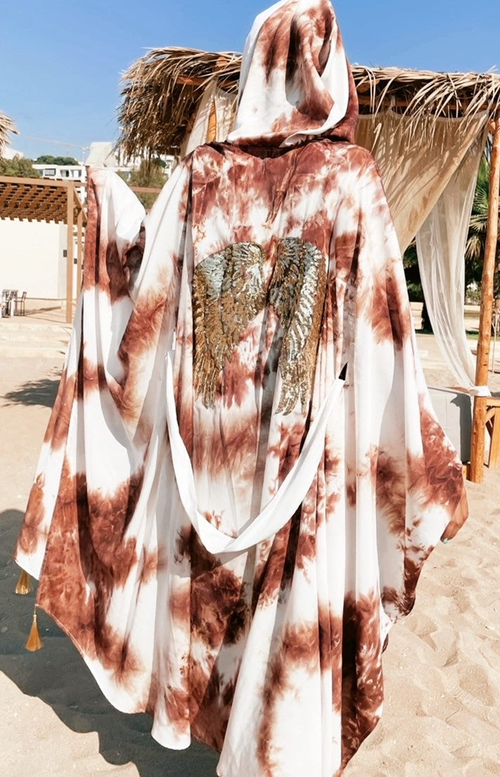 Luxury Tie Dye Golden Wings Embroidered Brown Kimono