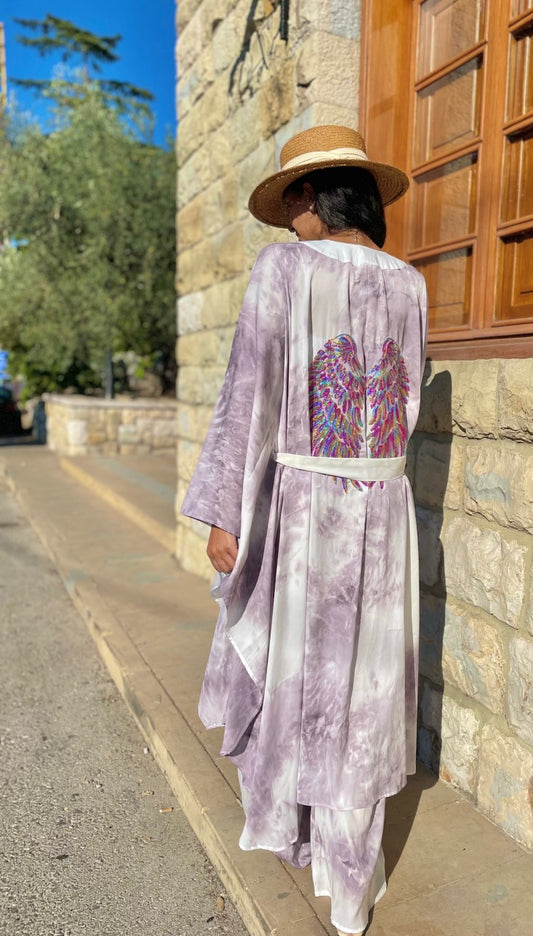 Tie Dye Color Wings Purple Kimono Pants Set