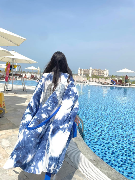 Luxury Tie Dye Silver Wings Coral Blue Kimono