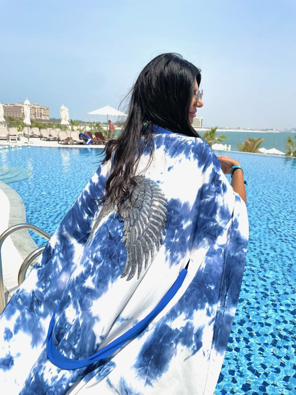 Luxury Tie Dye Silver Wings Coral Blue Kimono