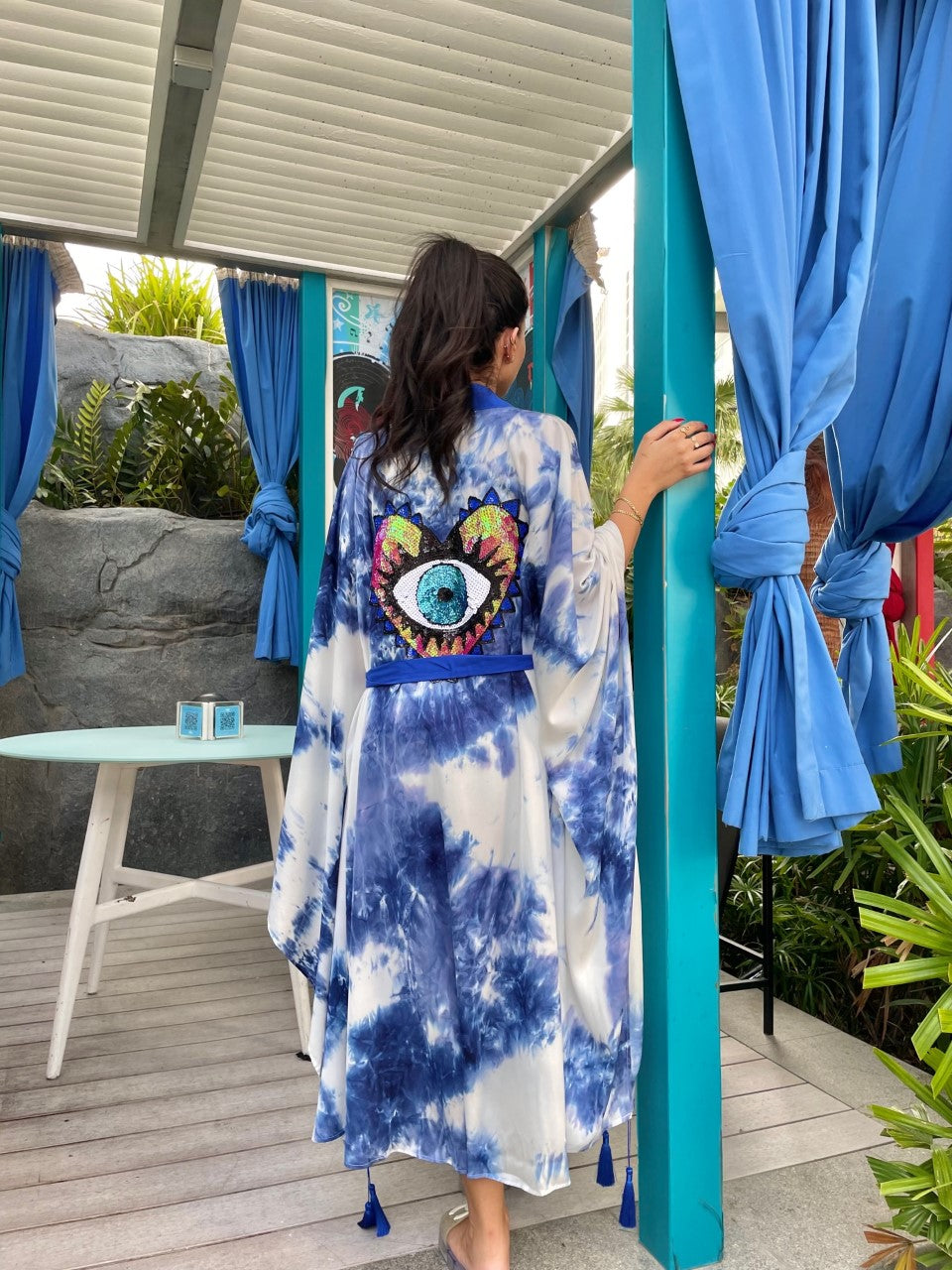 Luxury Tie Dye Eye Heart Shape embroidered blue kimono