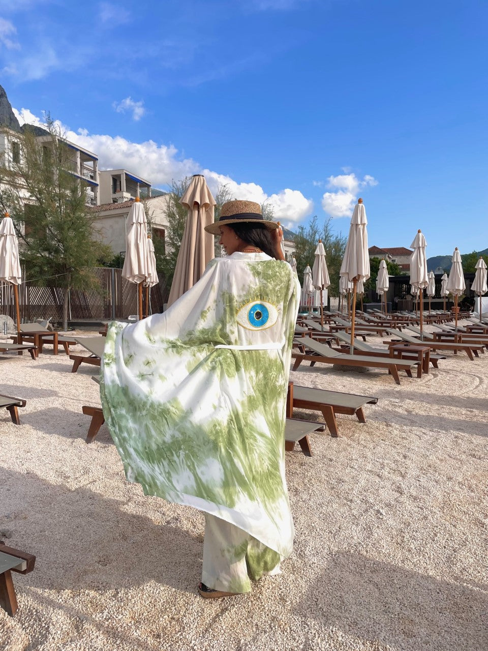 Luxury Eye Embroidered Tie Dye Green Kimono