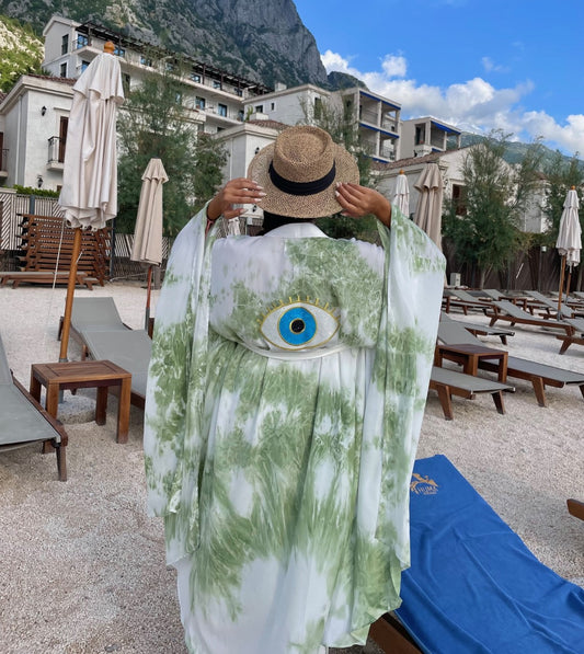 Luxury Eye Embroidered Tie Dye Green Kimono