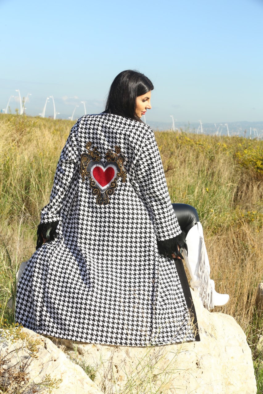 Heart Embroidered houndstooth Long Winter Kimono