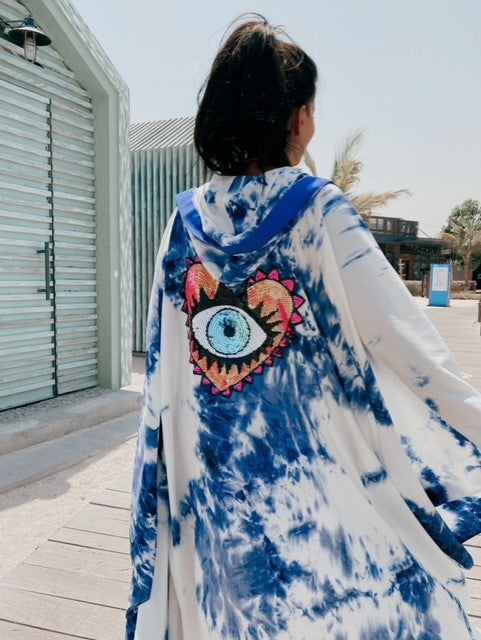 Luxury Tie Dye Eye Heart Shape embroidered blue kimono