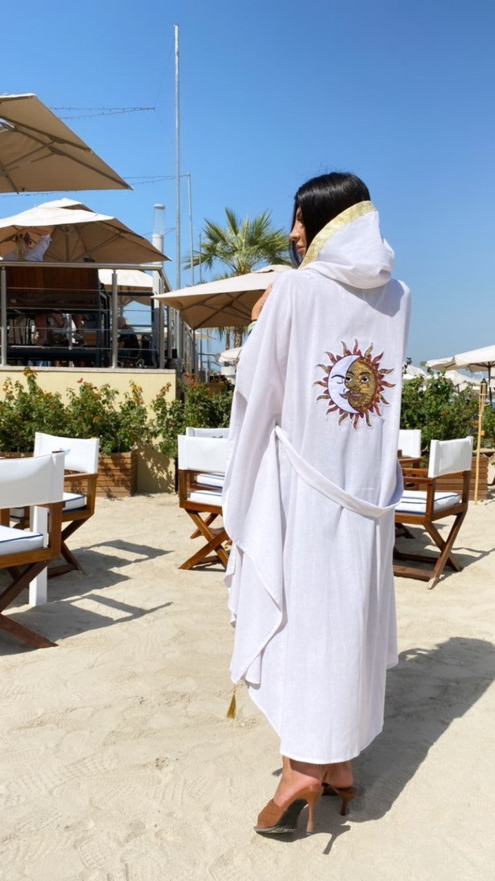 Luxury White Linen Sun Embroidered kimono