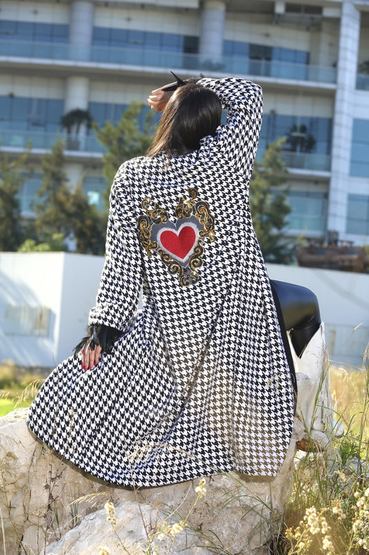 Heart Embroidered houndstooth Long Winter Kimono