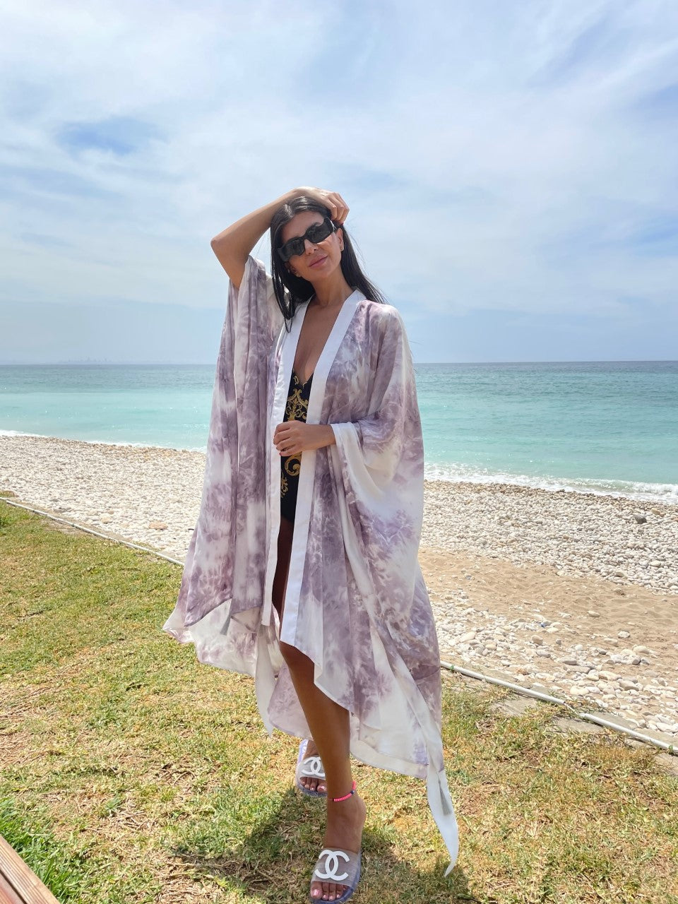 Tie Dye Silver Wings Embroidered Purple Kimono