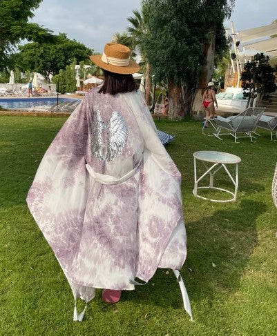 Tie Dye Silver Wings Embroidered Purple Kimono