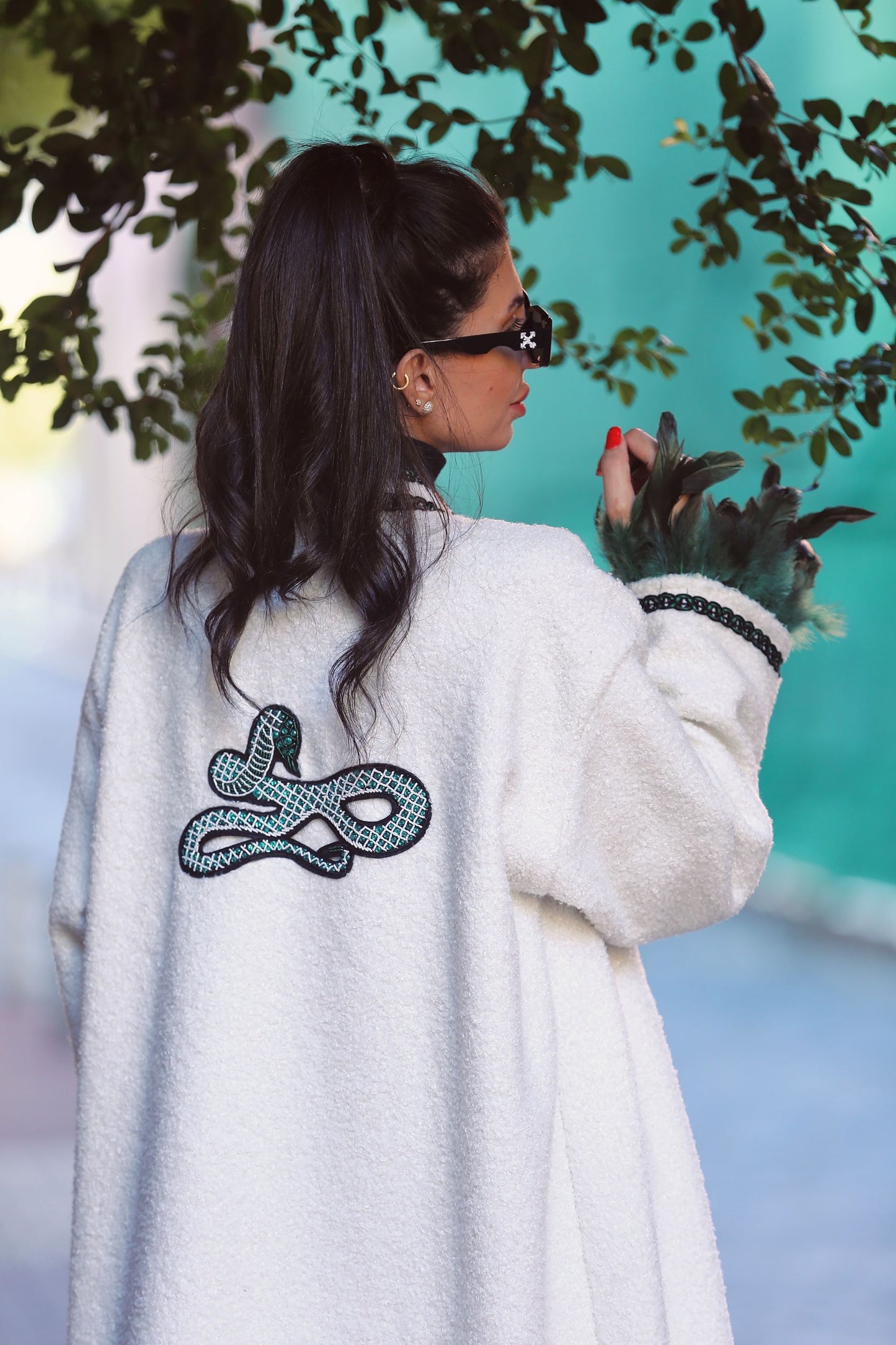 Luxury Bouclé Off-White Embroidered Winter Kimono