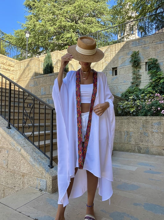 Colorful Wings Embroidered White Kimono