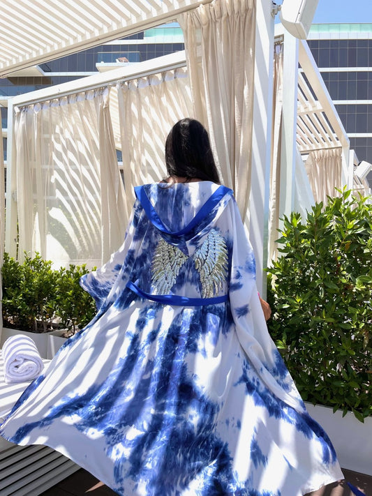 Luxury Tie Dye Silver Wings Coral Blue kimono