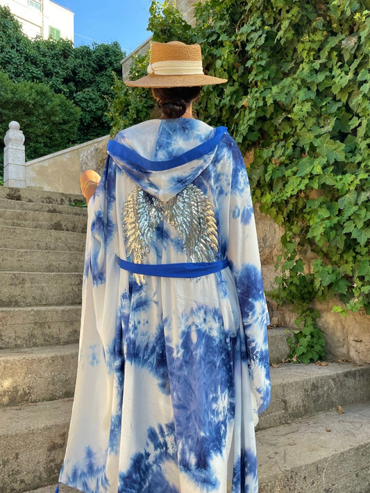 Tie Dye Coral Blue Wings Kimono Pants Set